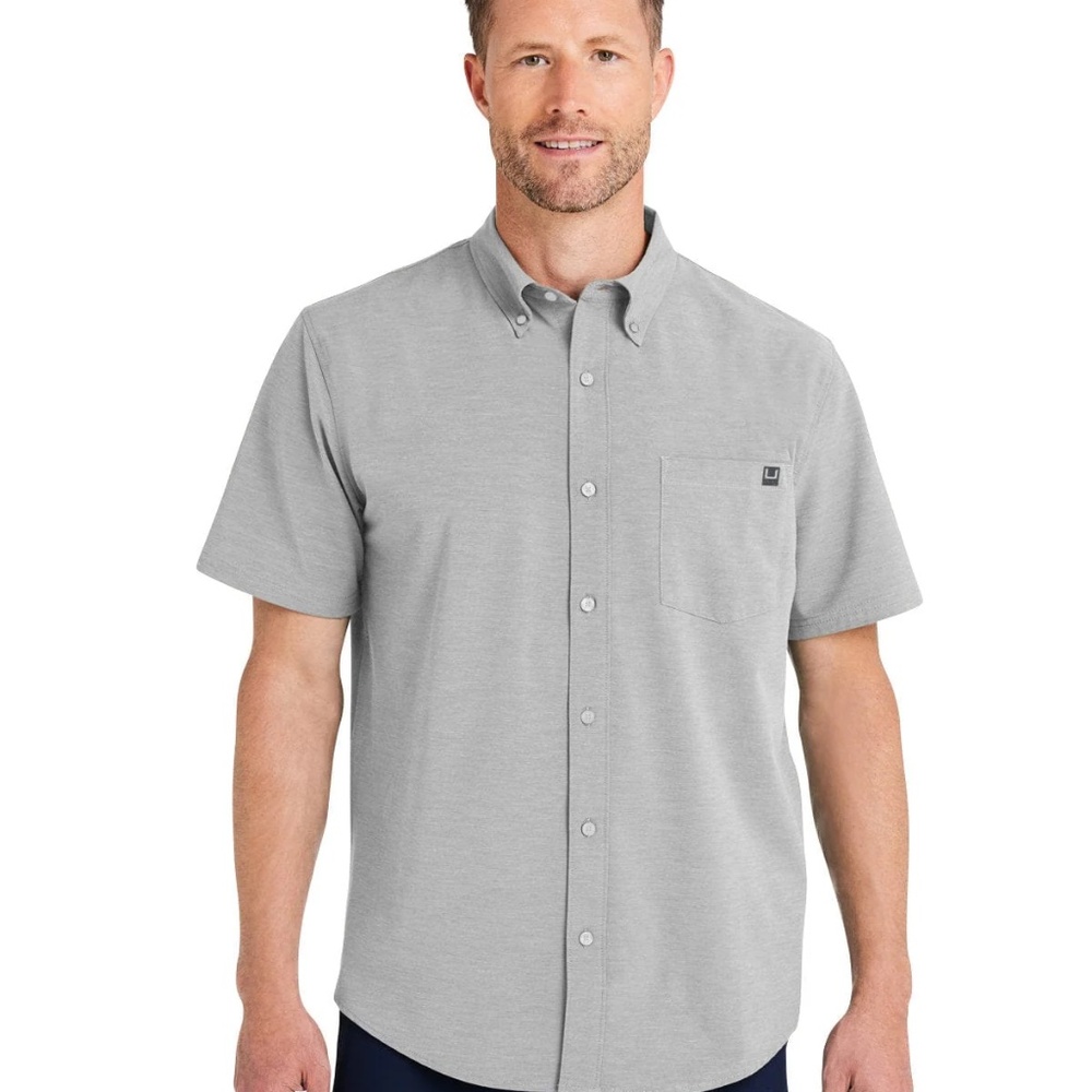 HUK Men's NWT Kona Solid Short Sleeve Fishing Button Down Shirt Pocket Gray XL
